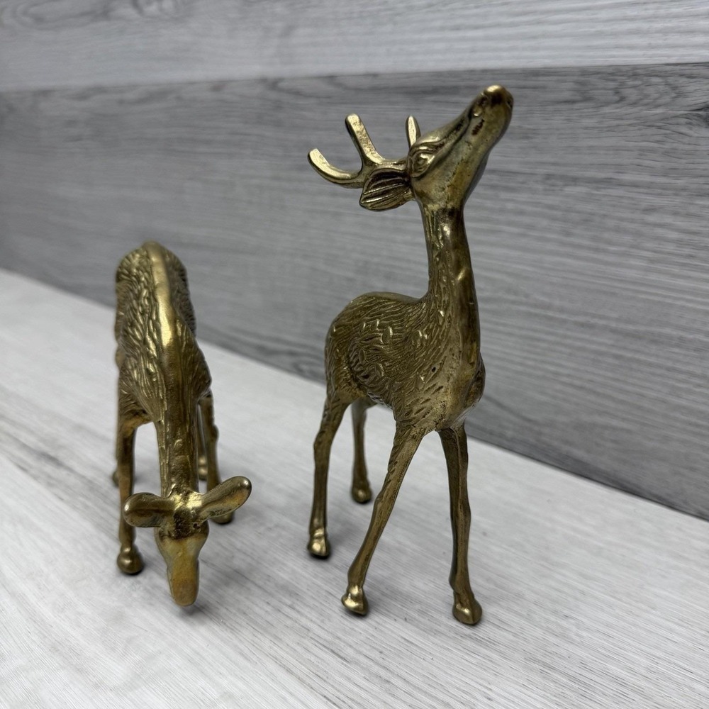 Vintage Brass Deer Reindeer Statue Set of 2 Buck and Doe 4 1/2" and 7" Tall EUC - Picture 2 of 9